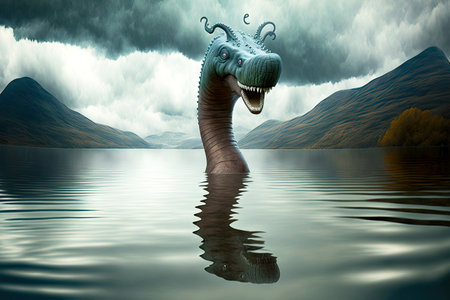 Toothy and mustachioed head of Loch Ness monster above surface of lakeの素材