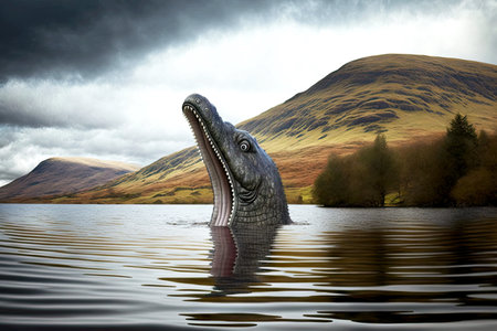 Surfaced head of Loch Ness monster with teethの素材