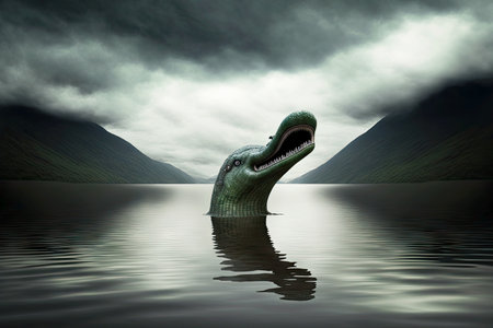 Scottish legends Loch Ness monster submerged in waterの素材