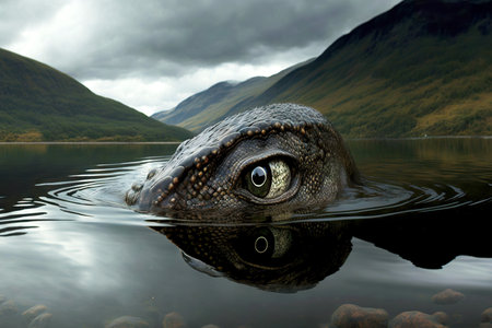 Lurking in water Loch Ness monster against backdrop of Scottish landscapesの素材