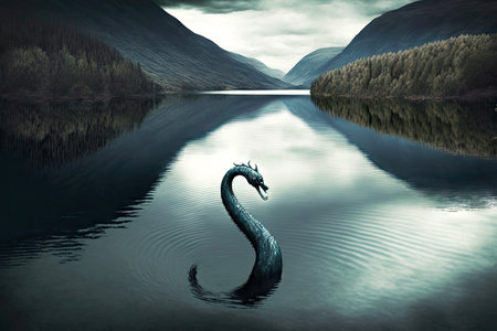 Mysterious reptile in Scottish lake Loch Ness monsterの素材