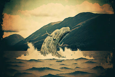 Reptile Loch Ness monster splashing in waves of lakeの素材