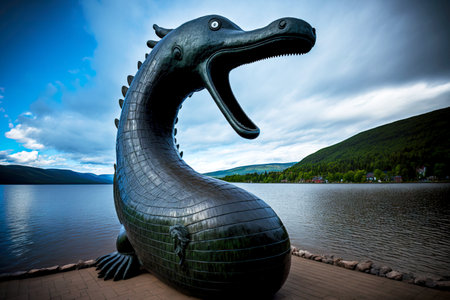 Statue of mythical creature Loch Ness monster by lakeの素材