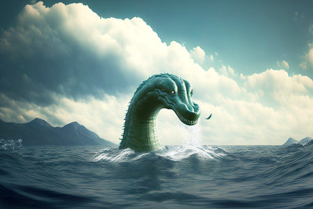 Floating head of Loch Ness Monster in large lakeの素材