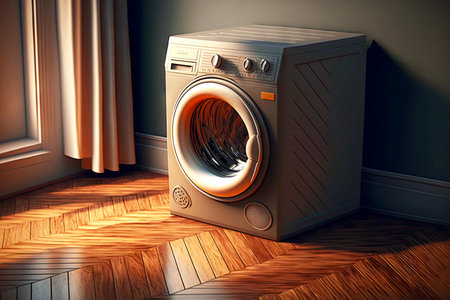 Modern machine washing with large drum on wooden floorの素材