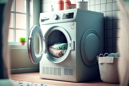 Eco-friendly bright bathroom interior with machine washingの素材