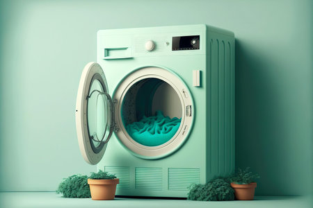 Mint machine washing with water and clothes on light backgroundの素材