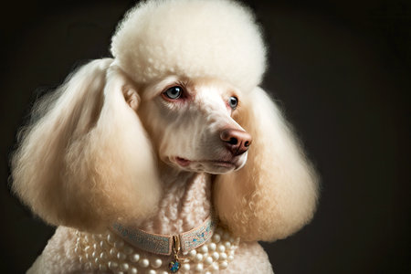 Portrait of cute stylish little poodles with fluffy ears on black backgroundの素材