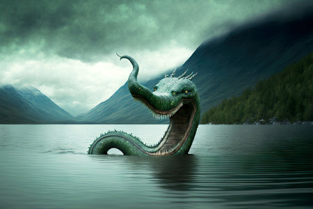 Scottish mythology Loch Ness monster floating in water against backdrop of hillsの素材