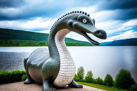 Statue of mythical creature Loch Ness monster by lakeの素材