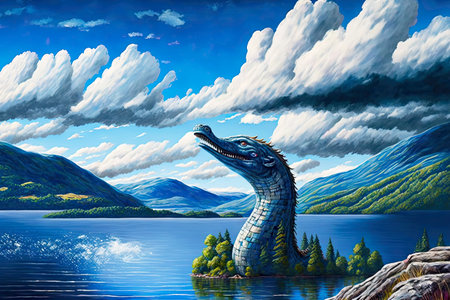 Loch Ness monster in lake against cloudy skyの素材