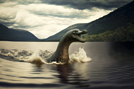 Terrible mythical reptile Loch Ness monster floating on lake against background of mountainsの素材