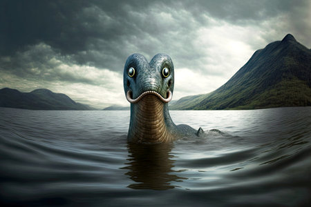 Dangerous ancient reptile Loch Ness monster floating on lakeの素材