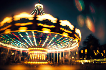 Round carousel with swings for families in amusement parkの素材