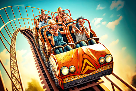 Children ride in booth on roller coaster in amusement park and screamの素材