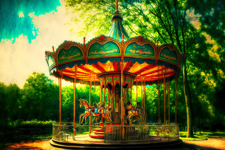 Bright green round carousel with horses in amusement parkの素材
