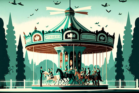 Bright green round carousel with horses in amusement parkの素材