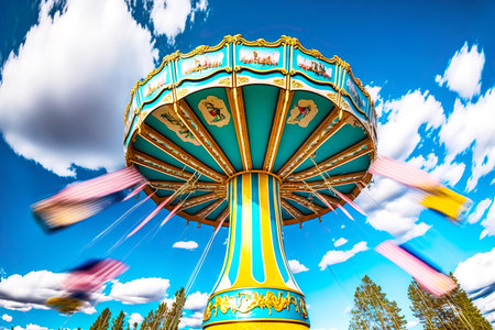 Green carousel with swings in amusement park against background of clouds and skyの素材
