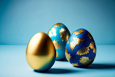 Festive easter egg with gold decorations on blue backgroundの素材