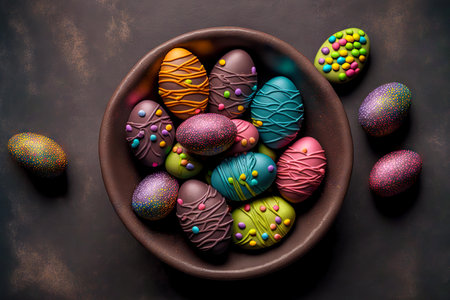 Large brown bowl with festive easter candy different colorsの素材
