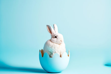 Cute white easter bunny sitting in eggshells on blue backgroundの素材