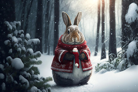 Thick fluffy easter bunny in red coat in winter forestの素材