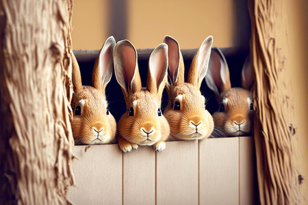 Cute family easter bunny peeking out of its minkの素材