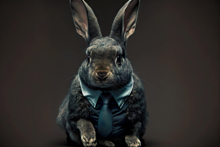 Funny grey easter bunny with collar and tie around neckの素材