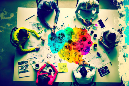 Group of employees discuss business strategy sitting around tableの素材