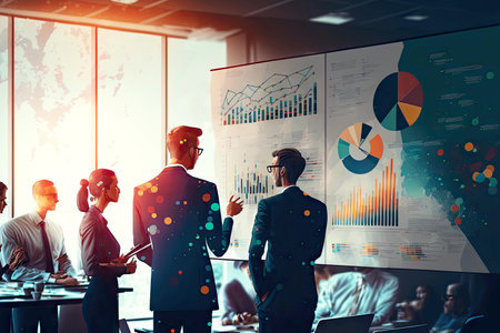 Work colleagues stand in office and discuss business strategy issuesの素材