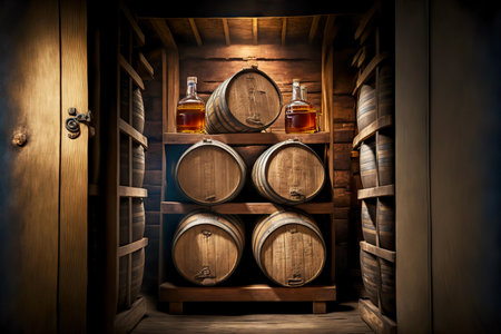 Round wooden beer barrel stacked on top of each other in storageの素材