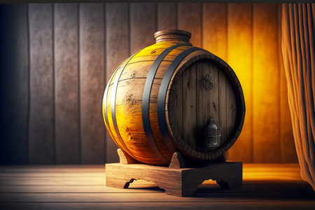 Large oak beer barrel on wooden stand on floorの素材