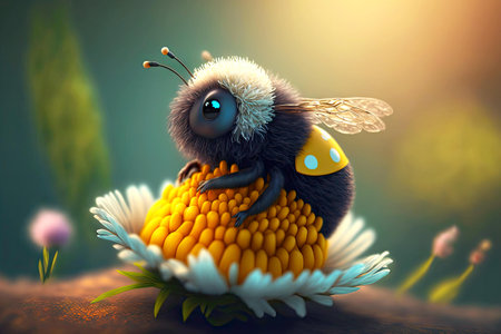 Thick little toy bumblebee on flowering bee flowerの素材