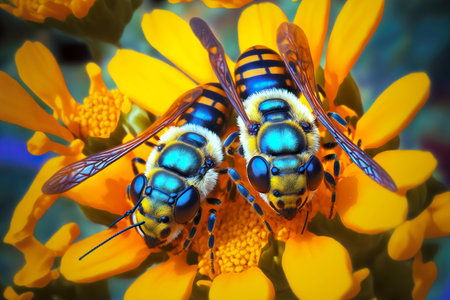 Two striped bumblebees pollinate spring flowering bee flowerの素材