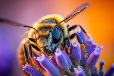 Shaggy bumblebee with black eyes on purple bee flowerの素材