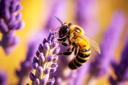 Thin lilac bee flower and flying around beeの素材