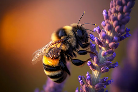 Thin lilac bee flower and flying around beeの素材