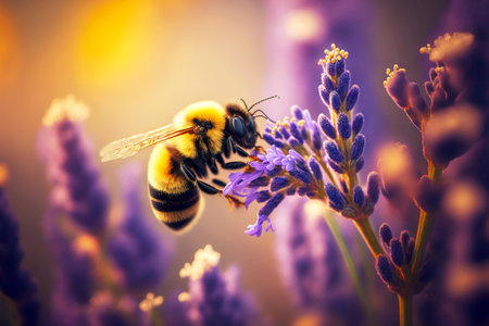 Bee has crouched on bee flower and collects pollen with proboscisの素材