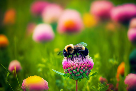 Field with blooming pink bee flower and bumblebees and bees on themの素材