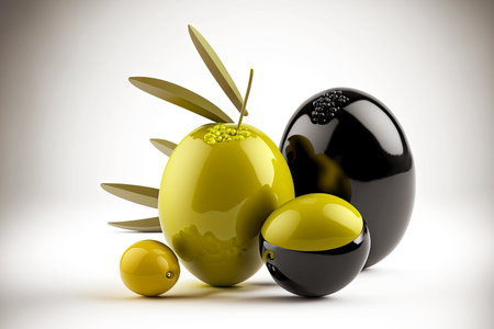 Large and small olive fruits of different colors lying on white backgroundの素材
