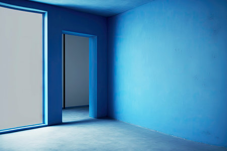 Iterierier of empty dark office room in blue tones with cracks on wallsの素材