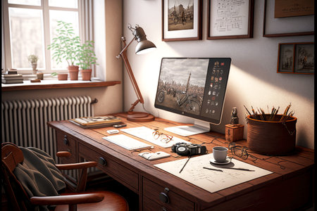 Cozy interior of home empty office with drawings and computer on tableの素材