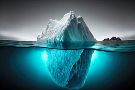 Large floating iceberg near rocks with blue underwater glowの素材