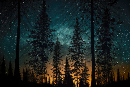 Starfall night in forest through sparse spruce branches against skyの素材