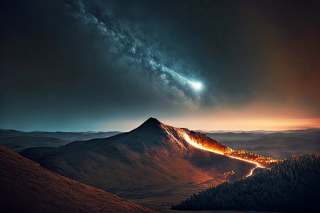 Shooting star on starfall night over erupting volcanic mountains in hazy hazeの素材