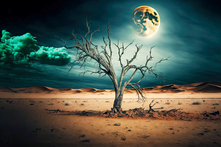 Lonely dead tree in desert against backdrop of terrifyingly bubbling clouds and full moonの素材