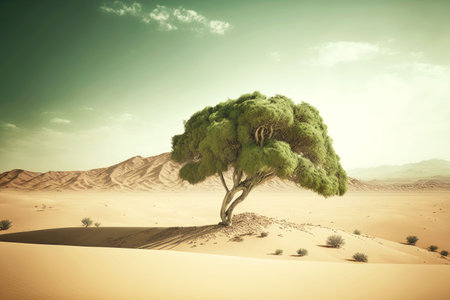 Beautiful pernicious desert and lonely struggling green treeの素材