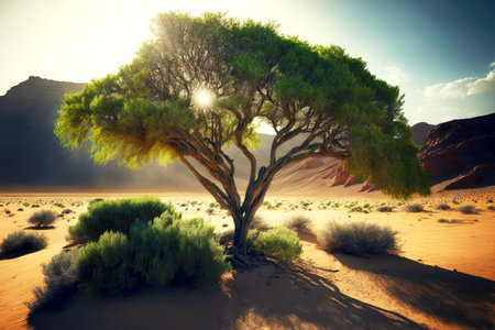 Lonely green tree in desert in rays of daylightの素材