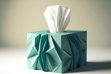 Turquoise tissue box in shape of origami on gray backgroundの素材