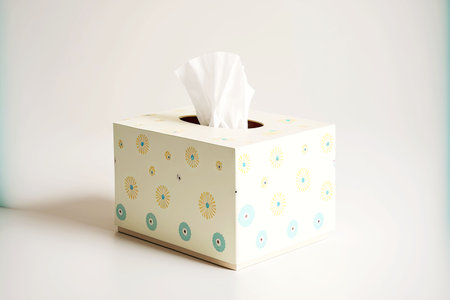 White tissue box with patterned flowers on white backgroundの素材